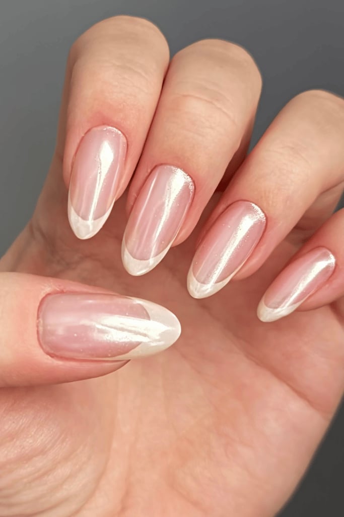Milky Pink Shimmer French Almond Nails Milky Pink Shimmer French Almond Nails — Classy Almond French Tip Nails