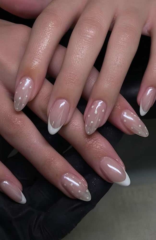 Nude White Polka Dot French Almond, Glossy Nude White Polka Dot French Almond, Glossy — Classy Almond French Tip Nails