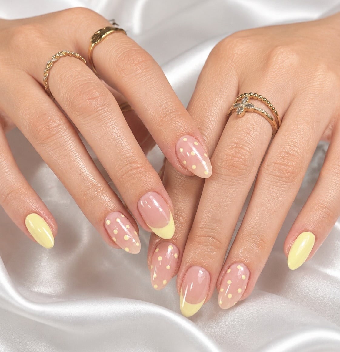 Nude Yellow Dot French Almond Nails Nude Yellow Dot French Almond Nails — Classy Almond French Tip Nails