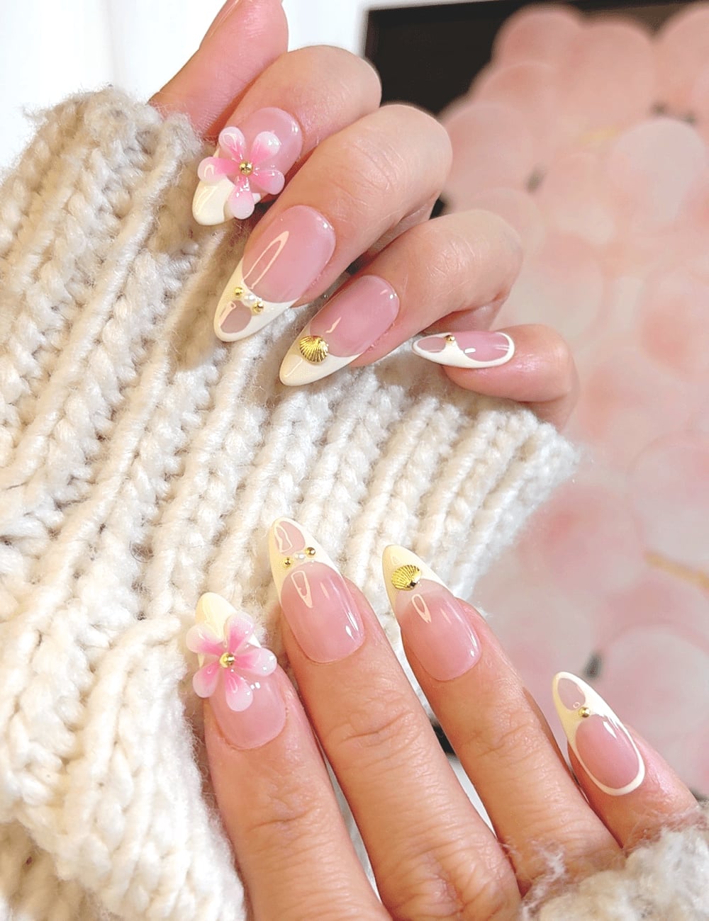 Pink 3D Flower Shell Charm Almond Pink 3D Flower Shell Charm Almond — Classy Almond French Tip Nails