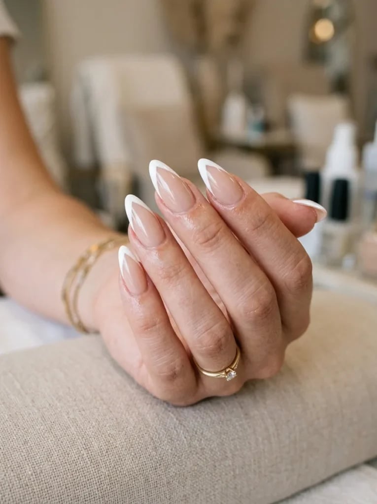 Long Almond Crisp White French Tips With Sheer Nude Base Long Almond Crisp White French Tips With Sheer Nude Base — Classy Almond French Tip Nails