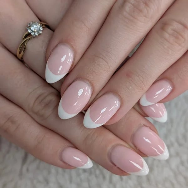 Short Almond Pink Nude White French, Glossy Short Almond Pink Nude White French, Glossy — Classy Almond French Tip Nails
