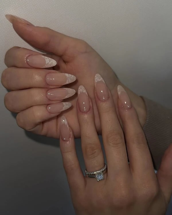 Long Almond Lace Pattern French Tips Long Almond Lace Pattern French Tips — Classy Almond French Tip Nails
