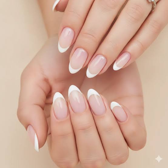 Nude Thin White French Almond Nails Nude Thin White French Almond Nails — Classy Almond French Tip Nails