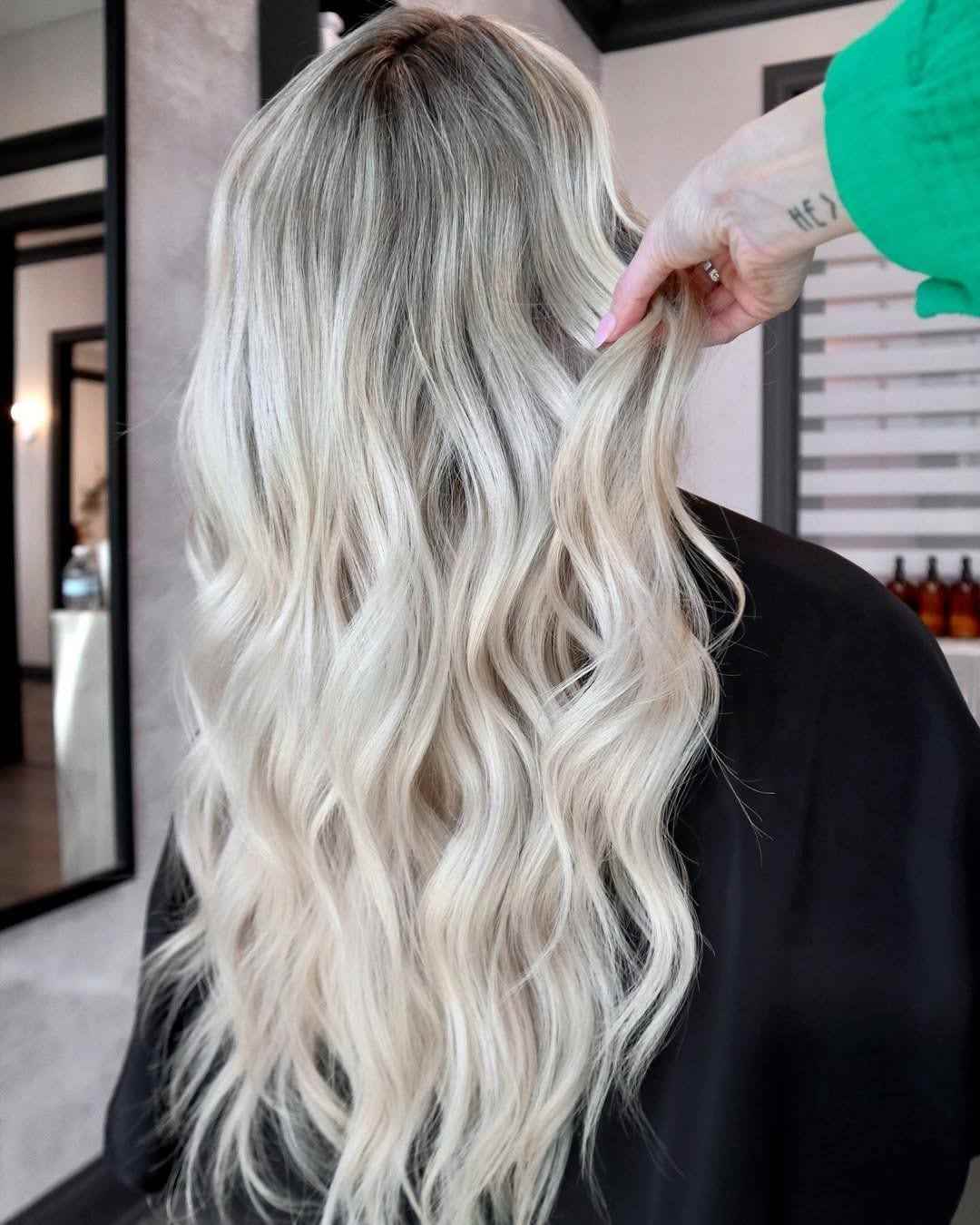 Mid-Back Ash Blonde With Layers and Bangs, Wavy Mid-Back Ash Blonde With Layers and Bangs, Wavy — Classy Ash Blonde