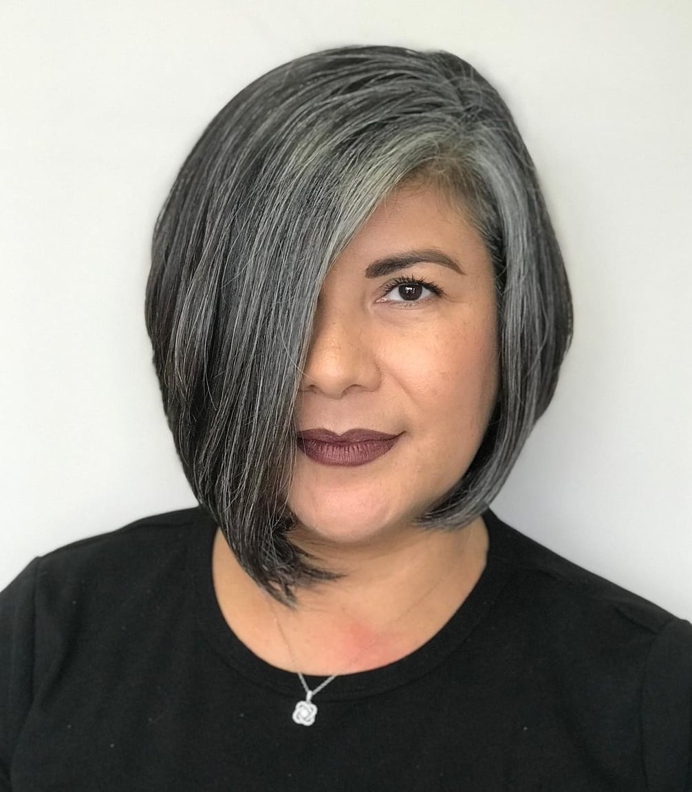 Chin Bob Dramatic Asymmetry Gray Highlights Chin Bob Dramatic Asymmetry Gray Highlights — Classy Asymmetrical Bob