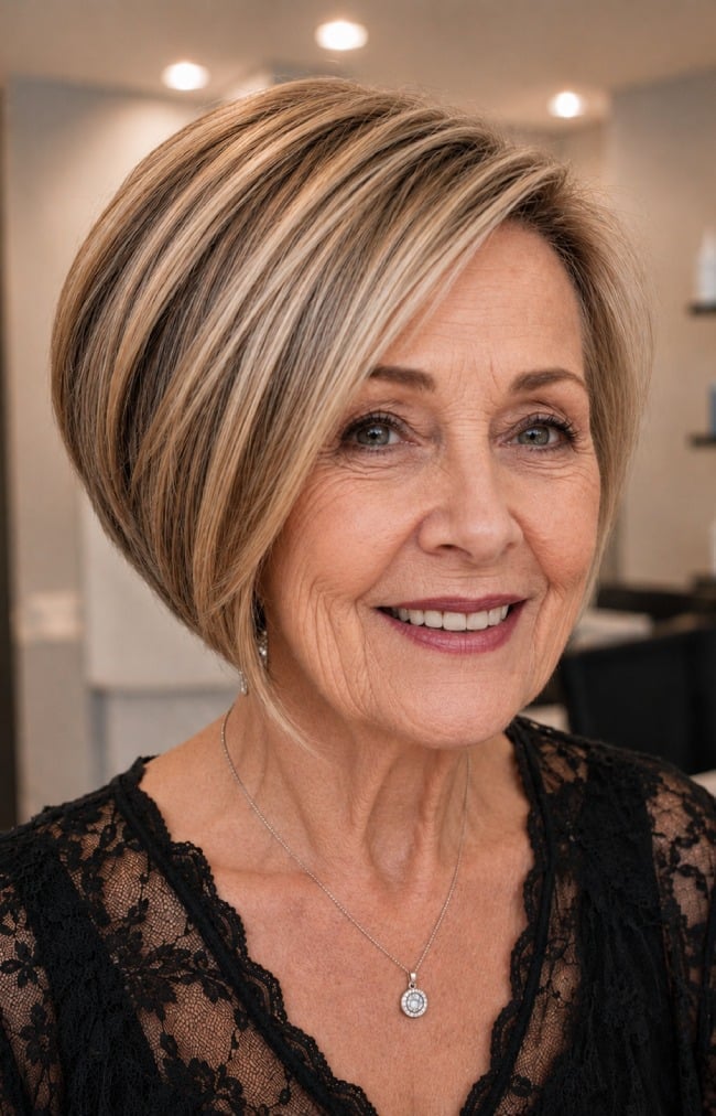 Chin Stacked Inverted Bob Blonde Highlights Chin Stacked Inverted Bob Blonde Highlights — Classy Asymmetrical Bob