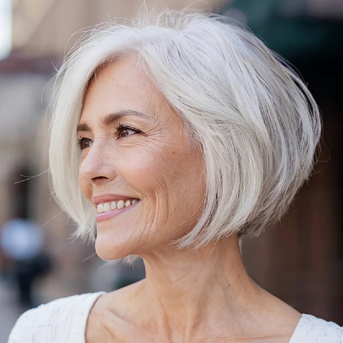 Chin Length Stacked Bob Silver Gray Chin Length Stacked Bob Silver Gray — Classy Asymmetrical Bob