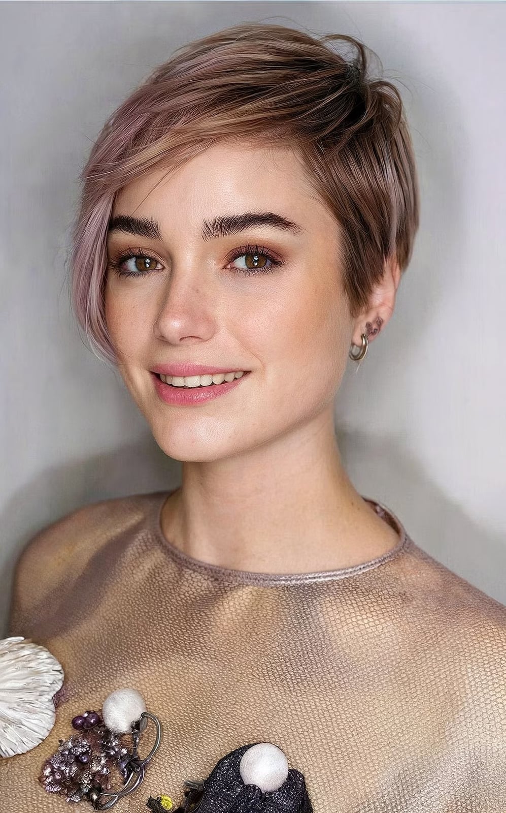 Textured Brown Pixie With Pink Accent Textured Brown Pixie With Pink Accent — Classy Asymmetrical Pixie