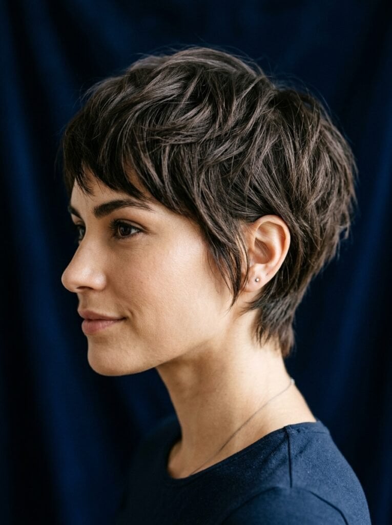 Textured Dark Brown Wavy Pixie, Ear Textured Dark Brown Wavy Pixie, Ear — Classy Asymmetrical Pixie
