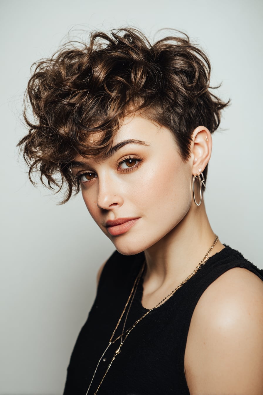 Curly Dark Brown Pixie With Volume Curly Dark Brown Pixie With Volume — Classy Asymmetrical Pixie