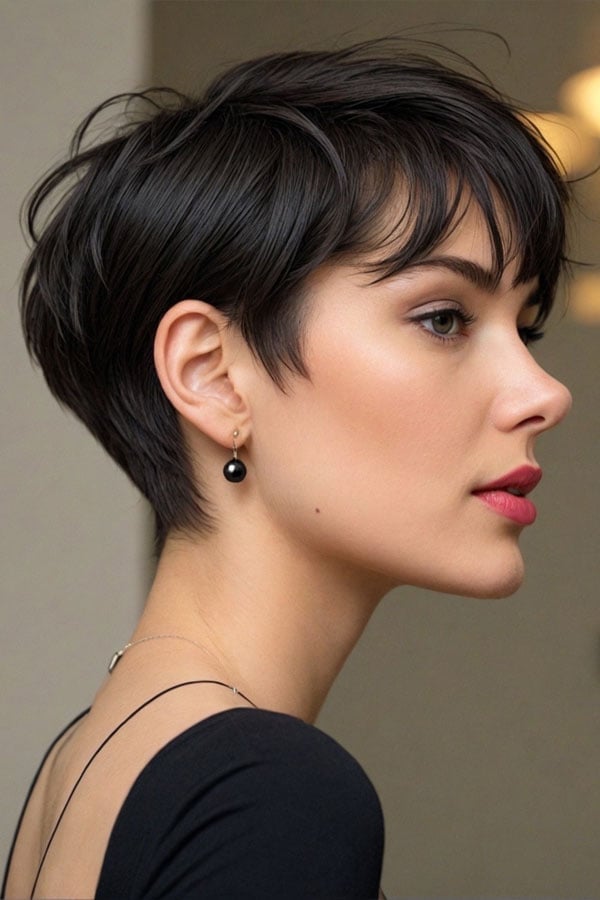 Textured Dark Brown Pixie With Wavy Bangs, Side-Swept Textured Dark Brown Pixie With Wavy Bangs, Side-Swept — Classy Asymmetrical Pixie