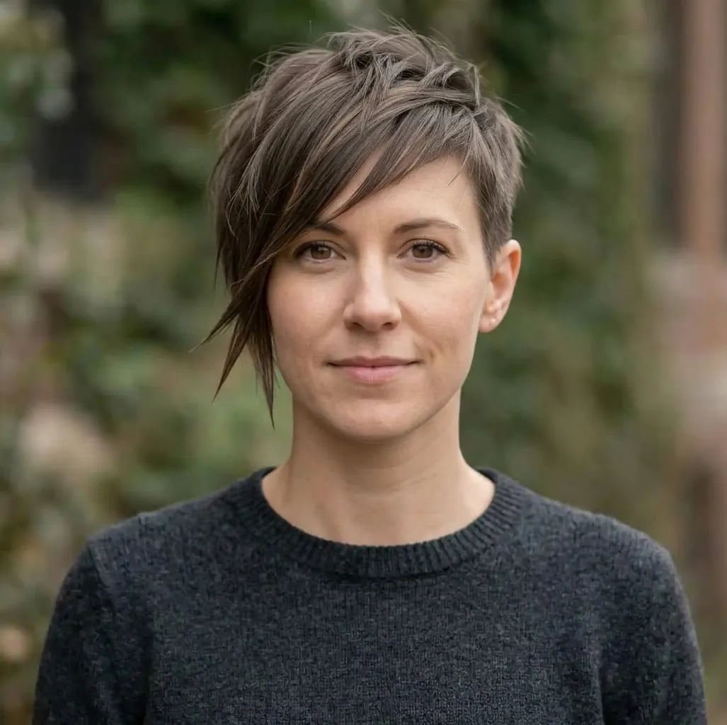Brown Pixie With Auburn Highlights And Asymmetry Brown Pixie With Auburn Highlights And Asymmetry — Classy Asymmetrical Pixie
