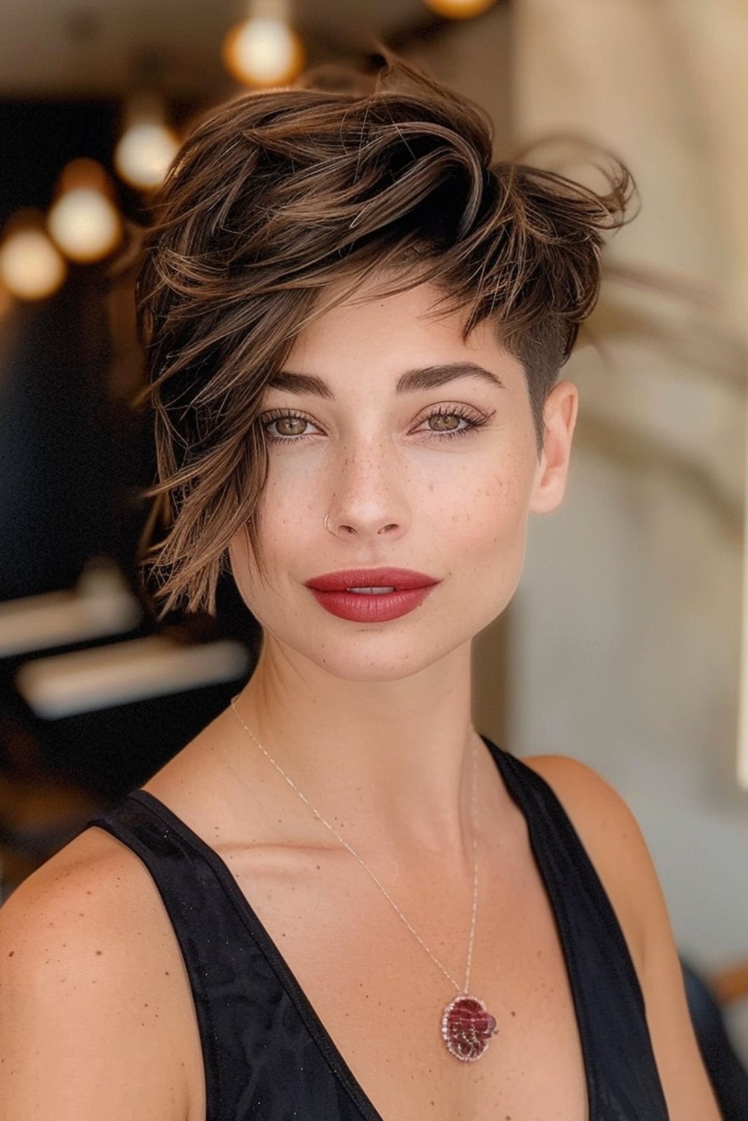 Dark Brown Asymmetrical Pixie With Highlights Dark Brown Asymmetrical Pixie With Highlights — Classy Asymmetrical Pixie