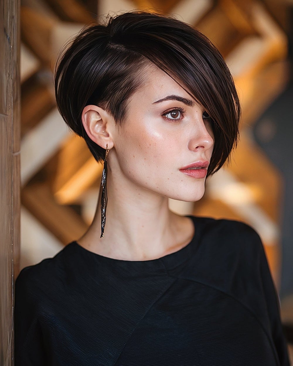 Sleek Dark Brown Asymmetrical Pixie Sleek Dark Brown Asymmetrical Pixie — Classy Asymmetrical Pixie