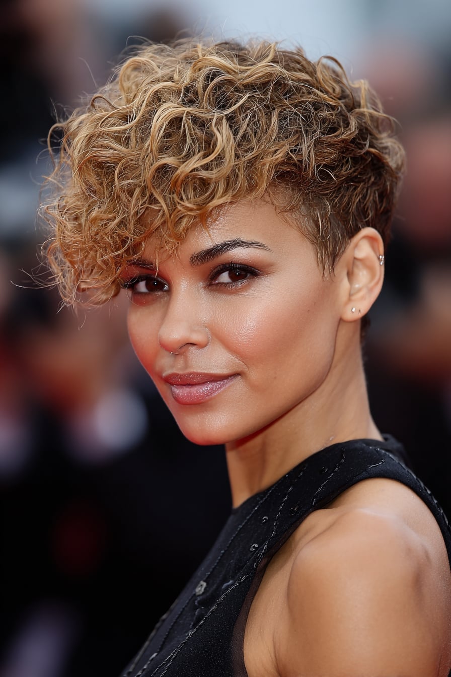 Curly Pixie With Honey Blonde Highlights Curly Pixie With Honey Blonde Highlights — Classy Asymmetrical Pixie