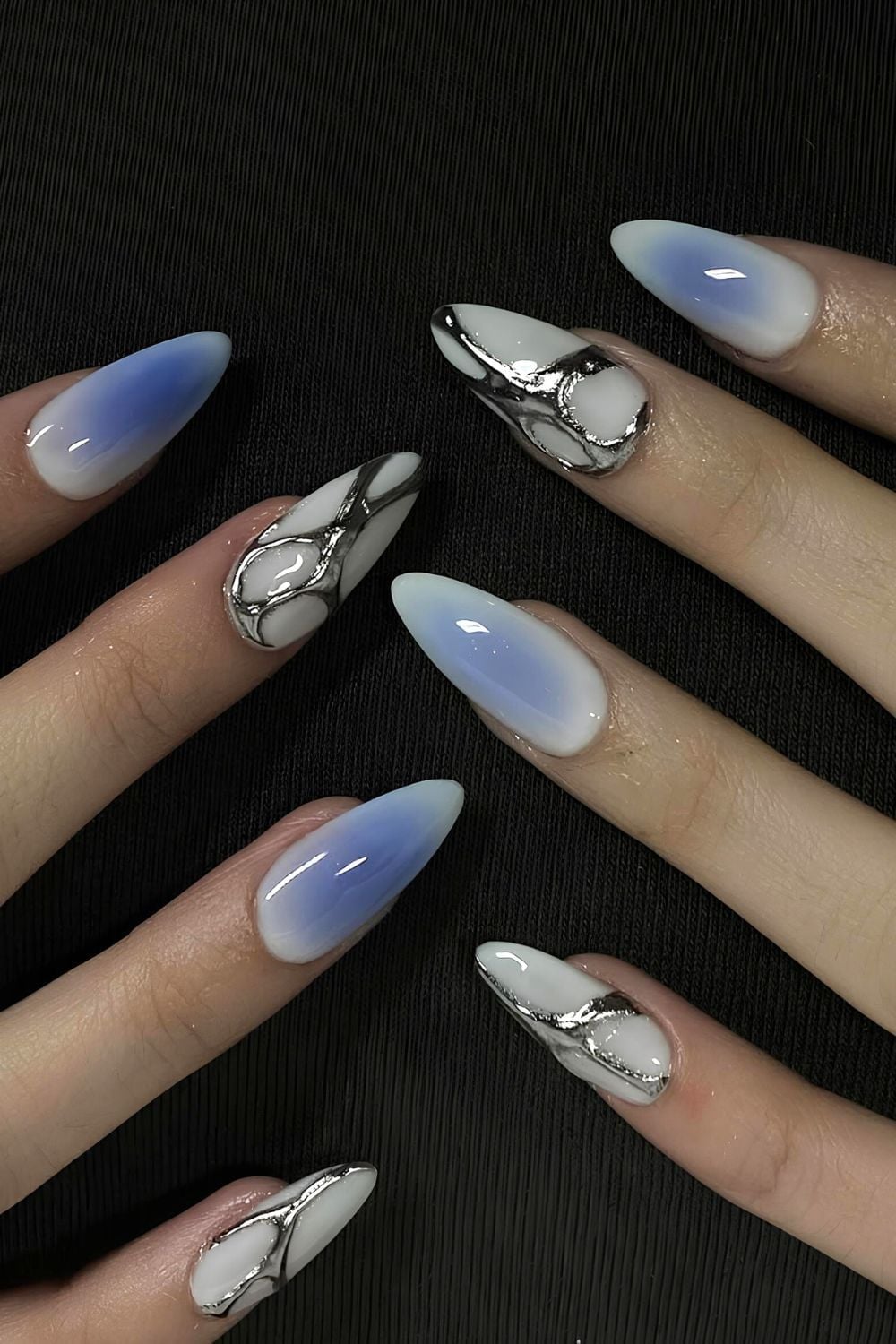 Light Blue White Glossy Silver 3D Medium Almond Nails — Classy Aura Nails
