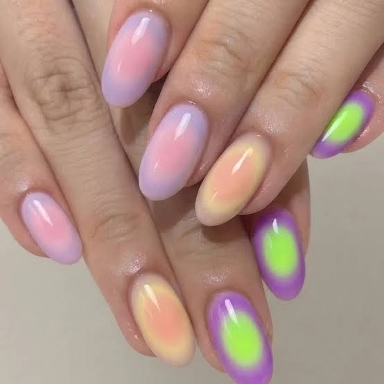 Pink Lavender Yellow Green Glossy Shimmer Oval Nails — Classy Aura Nails