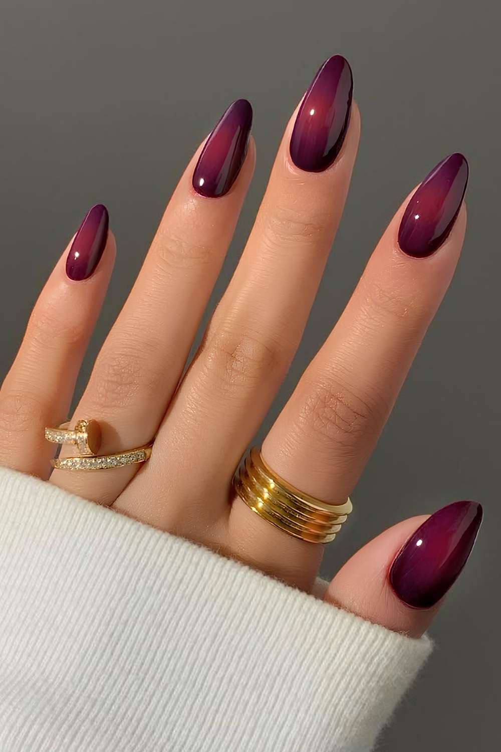 Deep Plum Velvet Glossy Short Almond Aura Nails — Classy Aura Nails