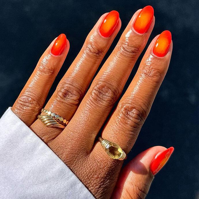 Orange Red Glossy Gradient Short Almond Nails — Classy Aura Nails