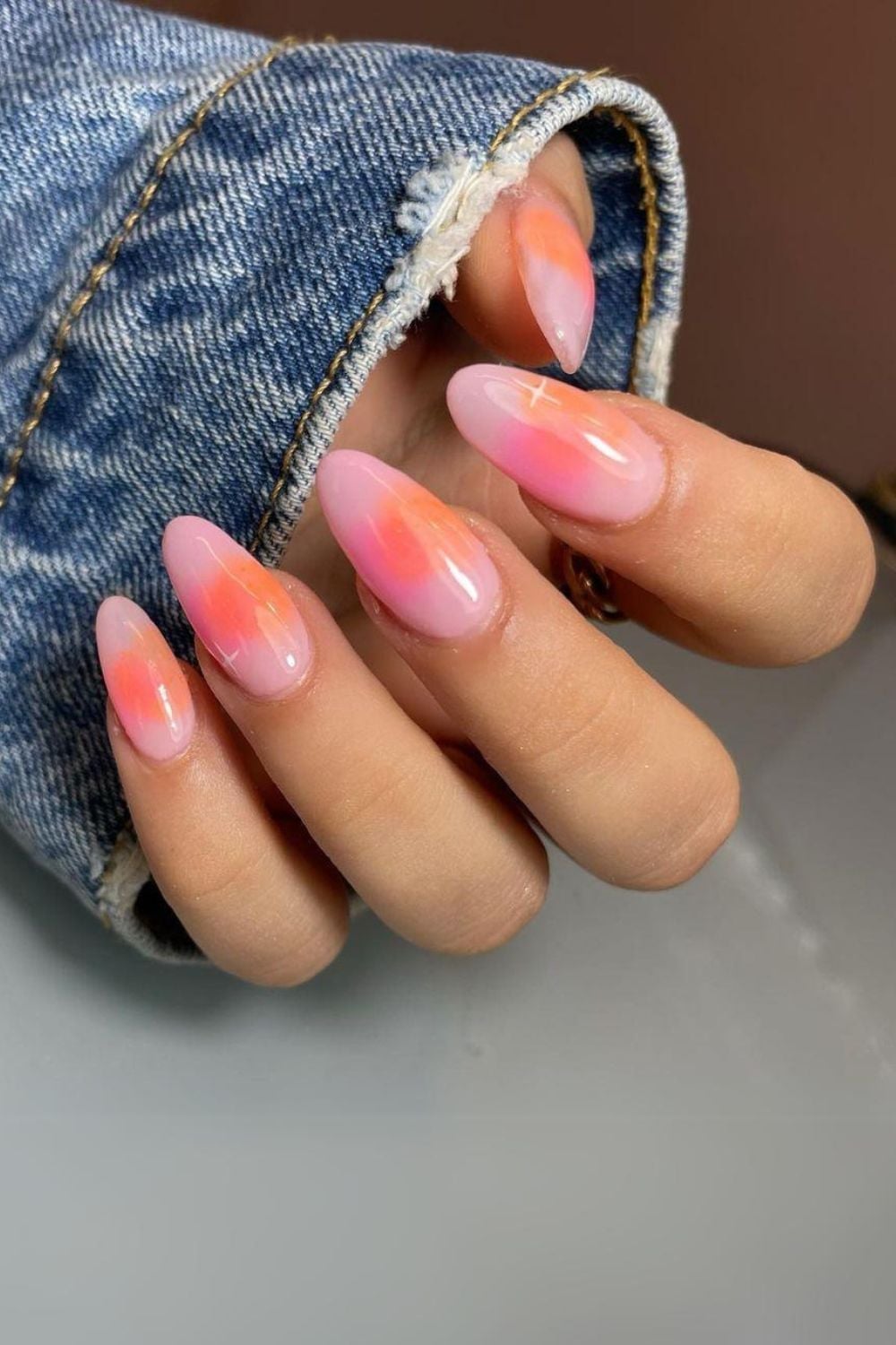 Pink Orange Milky Glossy Aura Short Almond Nails — Classy Aura Nails