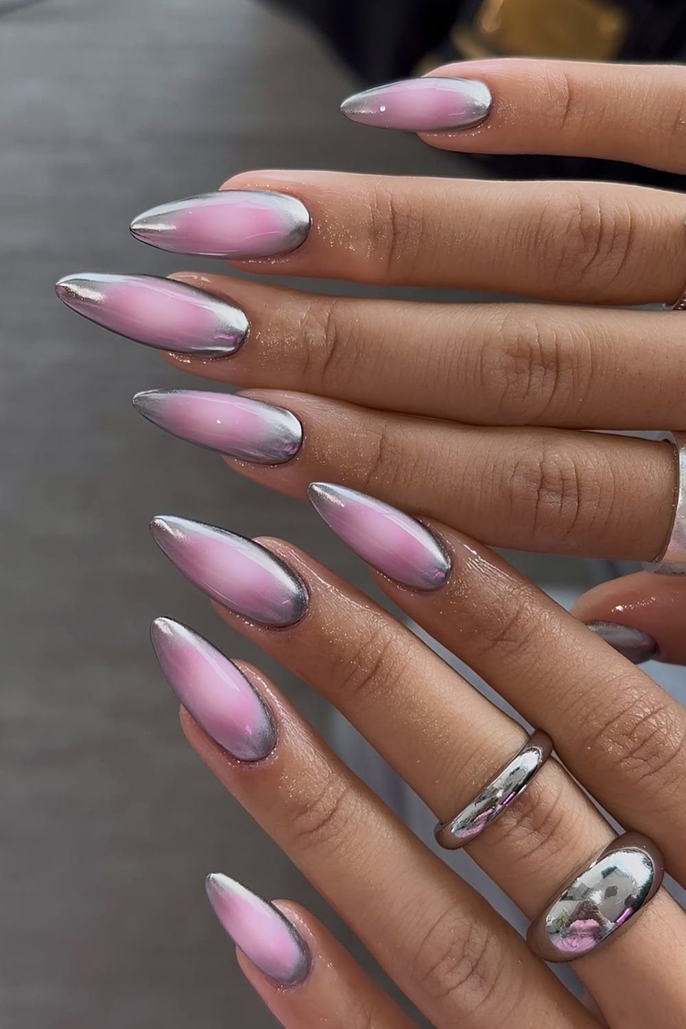 Pink Silver Chrome Tip Long Stiletto Nails — Classy Aura Nails