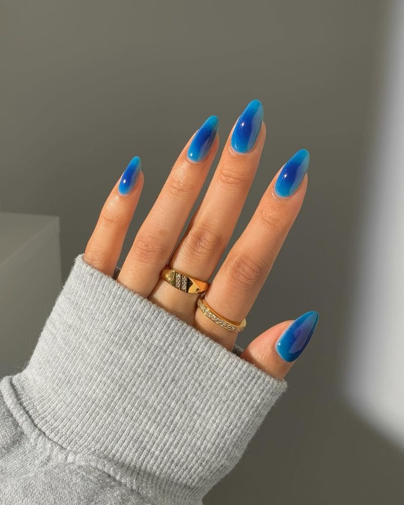 Electric Blue Jelly Glossy Short Almond Nails — Classy Aura Nails