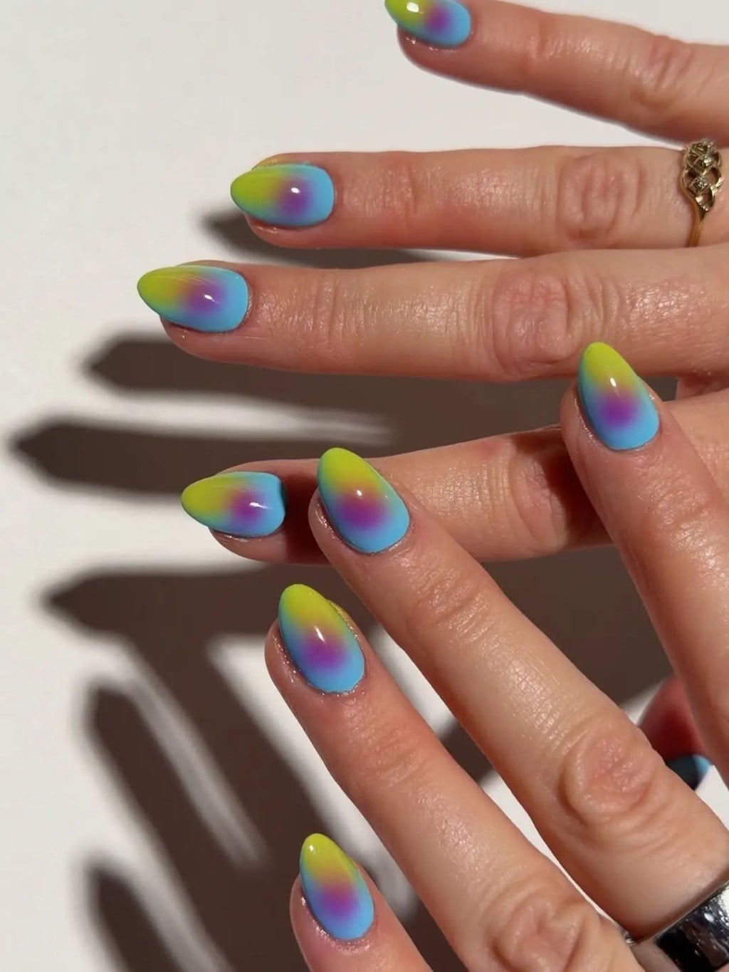 Yellow Blue Purple Glossy Aura Short Almond Nails — Classy Aura Nails