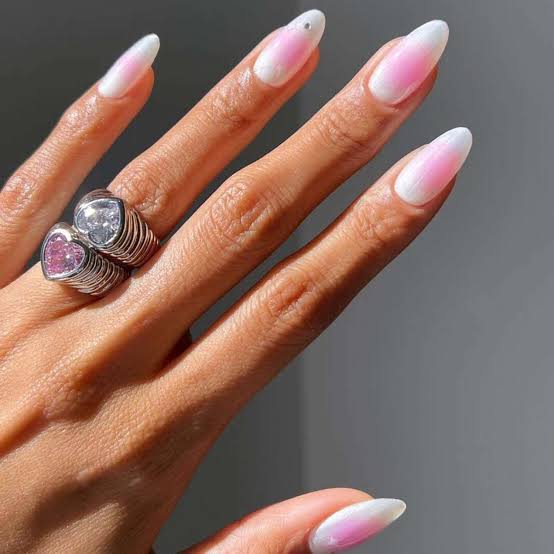Gray Light Gray Glossy Aura Short Almond Nails — Classy Aura Nails