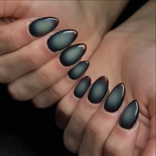 Ethereal Gray Glossy Aura Short Almond Nails, Close-Up Take — Classy Aura Nails
