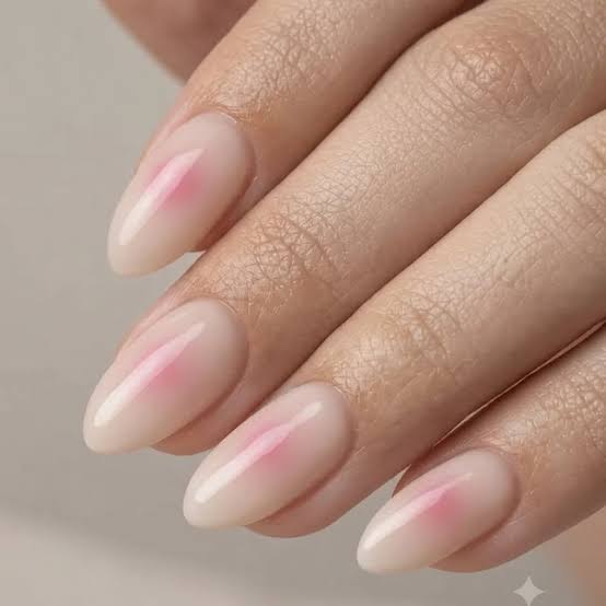 Milky Pink Glossy Soft Gradient Medium Almond Nails, Everyday Version — Classy Aura Nails