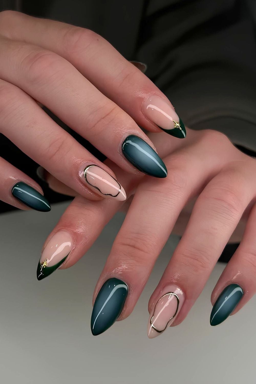 Teal Glossy Aura & Nude Pink Matte Gold Line Art Short Almond Nails — Classy Aura Nails