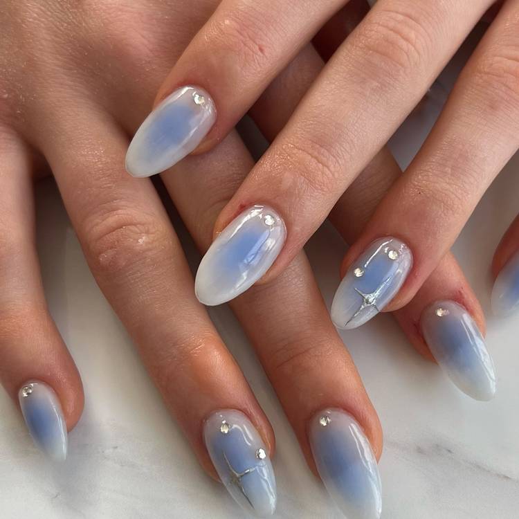Milky Blue White Glossy Shimmer Rhinestone Short Oval Nails — Classy Aura Nails