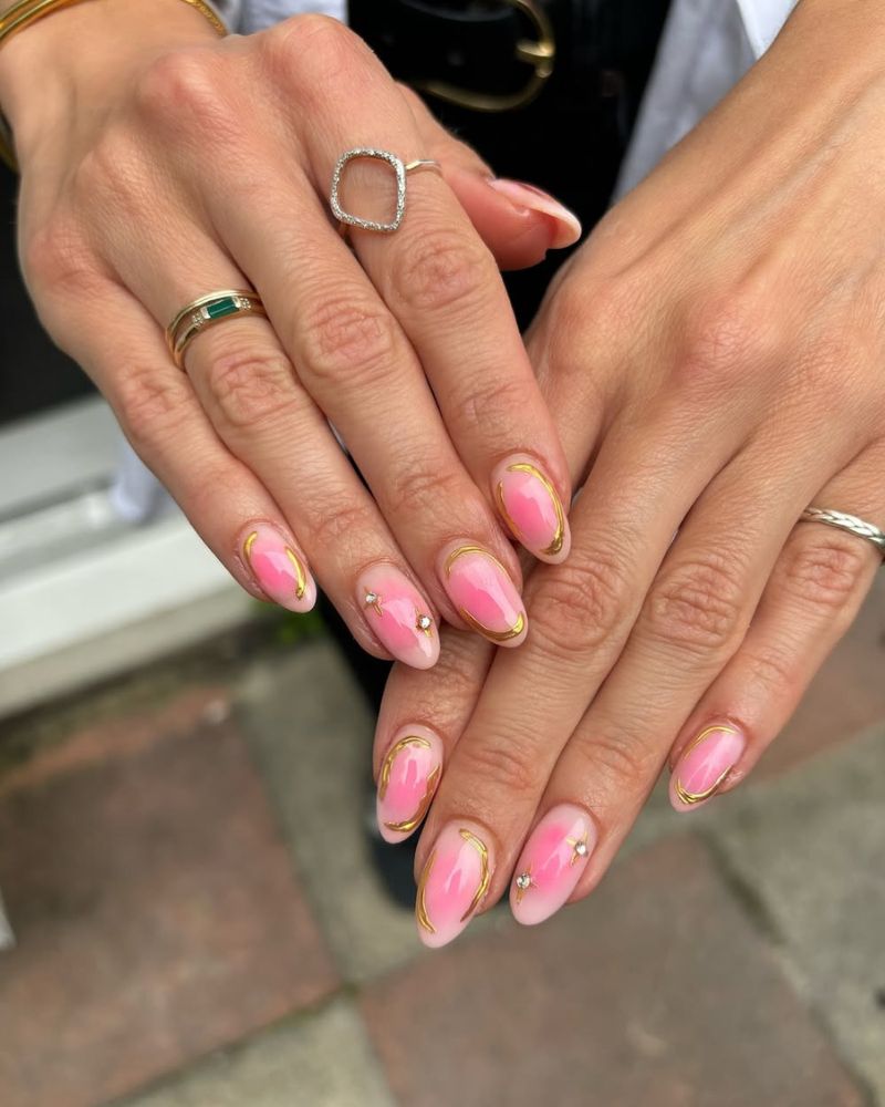 Pink White Gold Line Rhinestone Medium Almond Nails — Classy Aura Nails