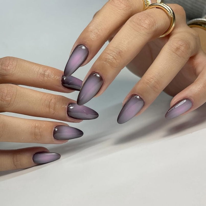 Violet Gray White Matte Aura Long Stiletto Nails — Classy Aura Nails