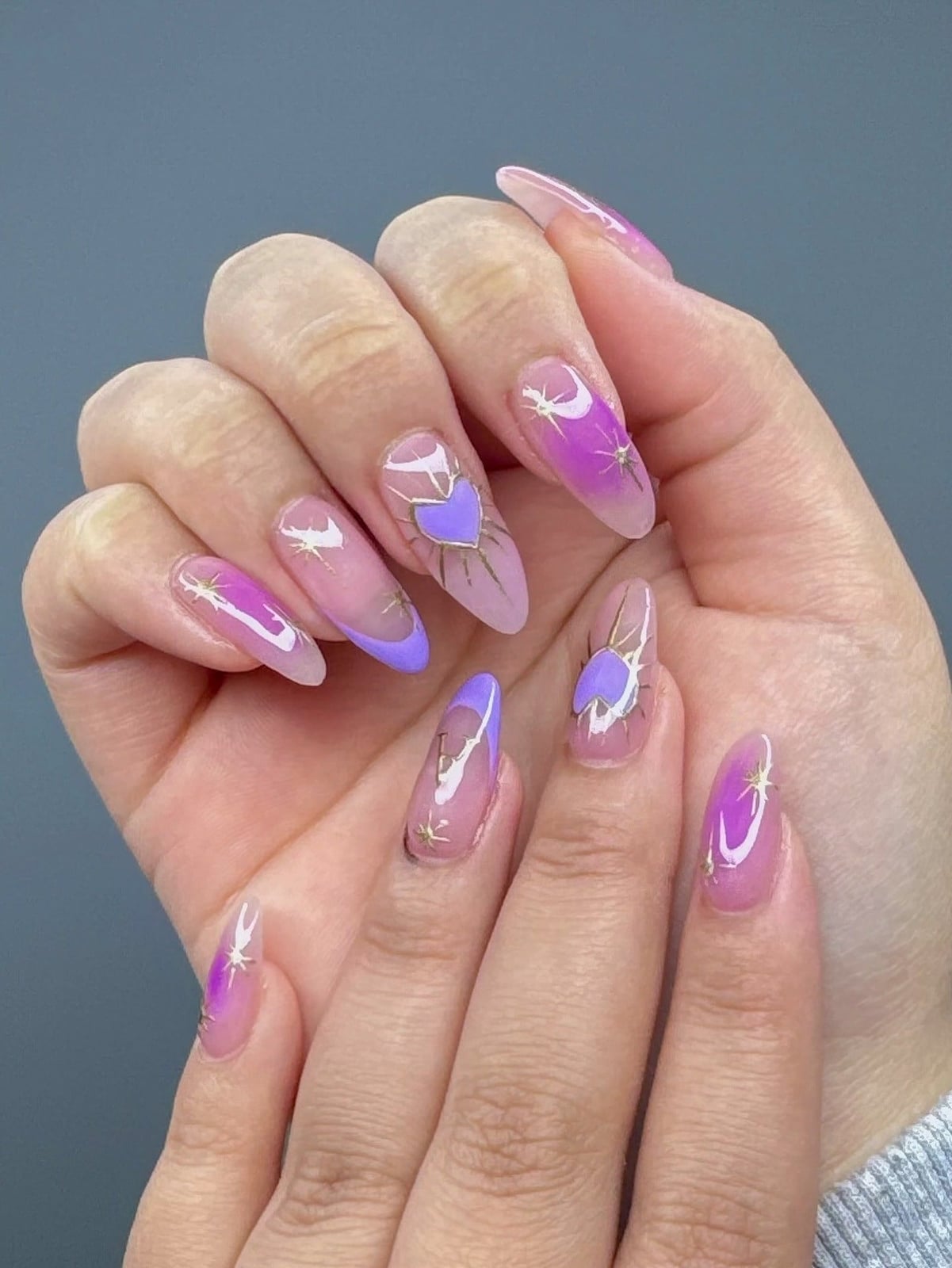 Sheer Pink Purple Aura Heart Star Medium Almond Nails — Classy Aura Nails