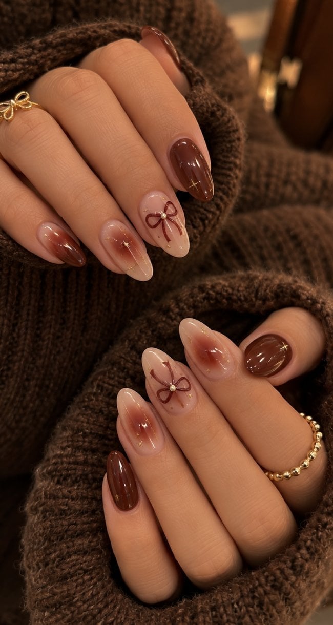 Brown Beige Gradient Dark Brown Bow Accent Medium Almond Nails — Classy Aura Nails
