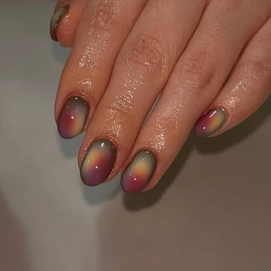 Dark Gray Light Gray Chrome Edge Glossy Long Almond Nails, Yellow — Classy Aura Nails
