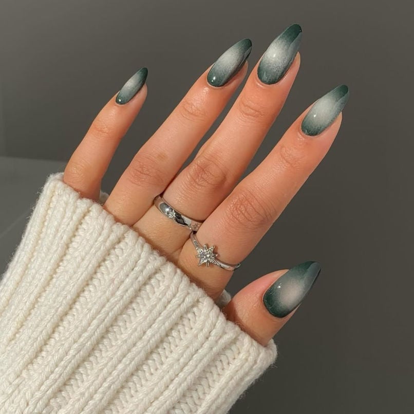 Forest Green Gray White Matte Shimmer Almond Nails — Classy Aura Nails