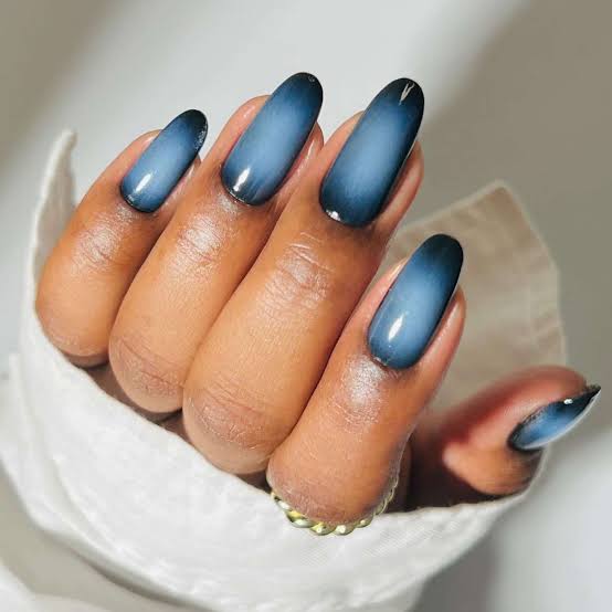 Navy Gray White Matte Satin Almond Nails — Classy Aura Nails