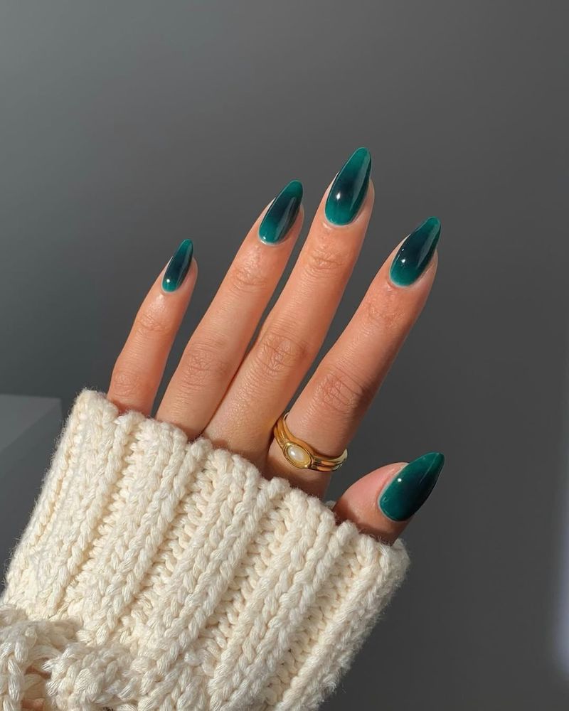 Teal Black Glossy Gradient Medium Almond Nails — Classy Aura Nails