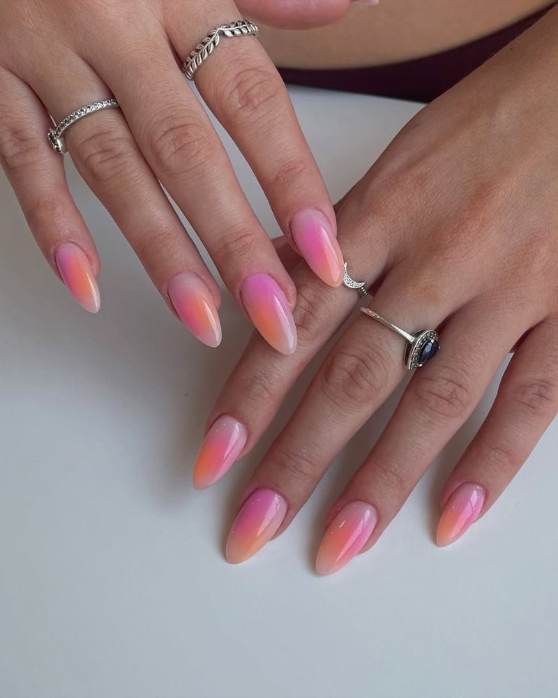 Pink Orange Glossy Gradient Medium Almond Nails — Classy Aura Nails
