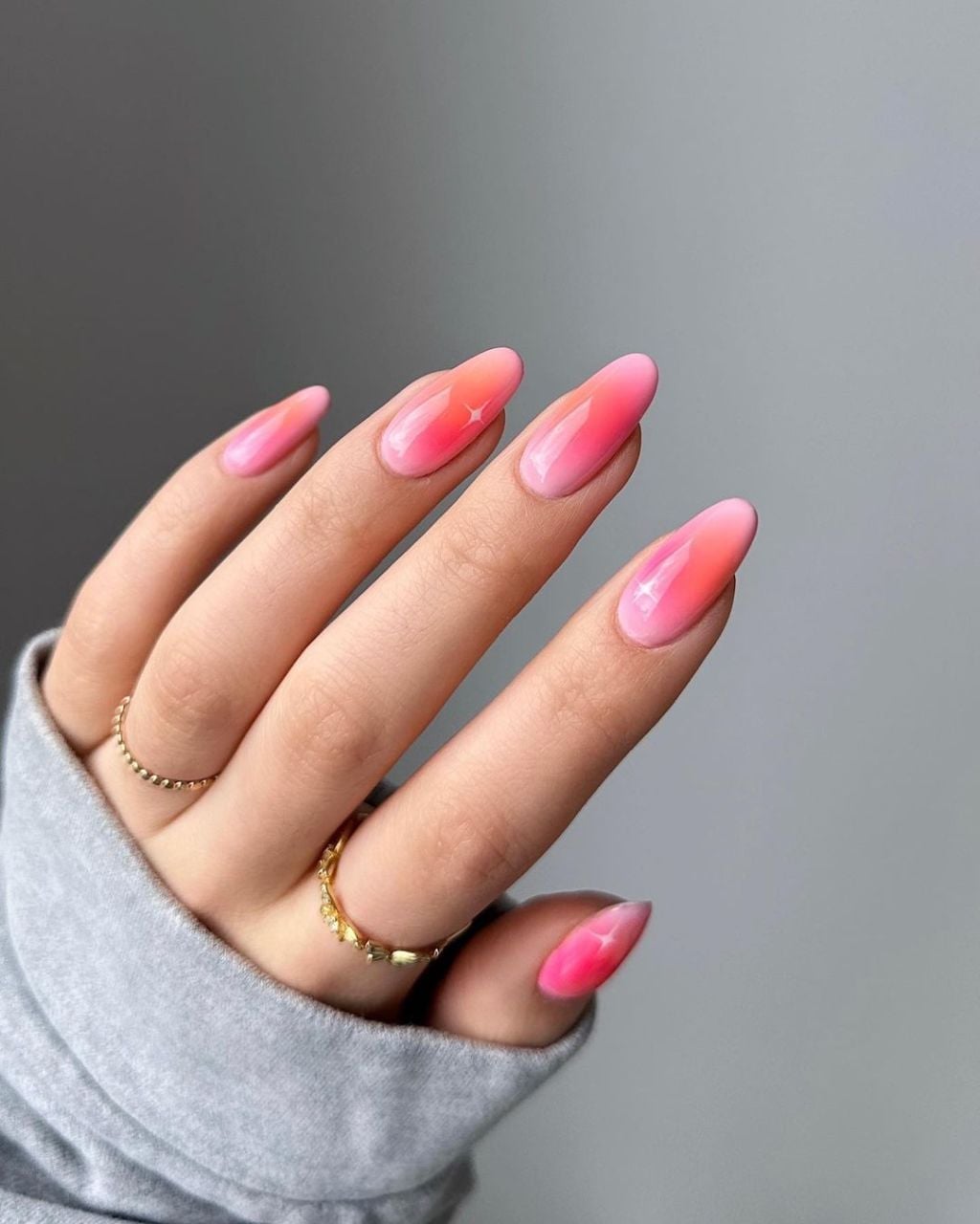 Pink Orange Yellow Glossy Gradient Medium Almond Nails, Close-Up Take — Classy Aura Nails