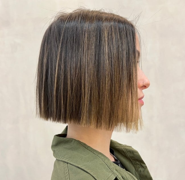 Blunt Chin Bob Dark Brown Caramel Balayage — Classy Balayage Bob
