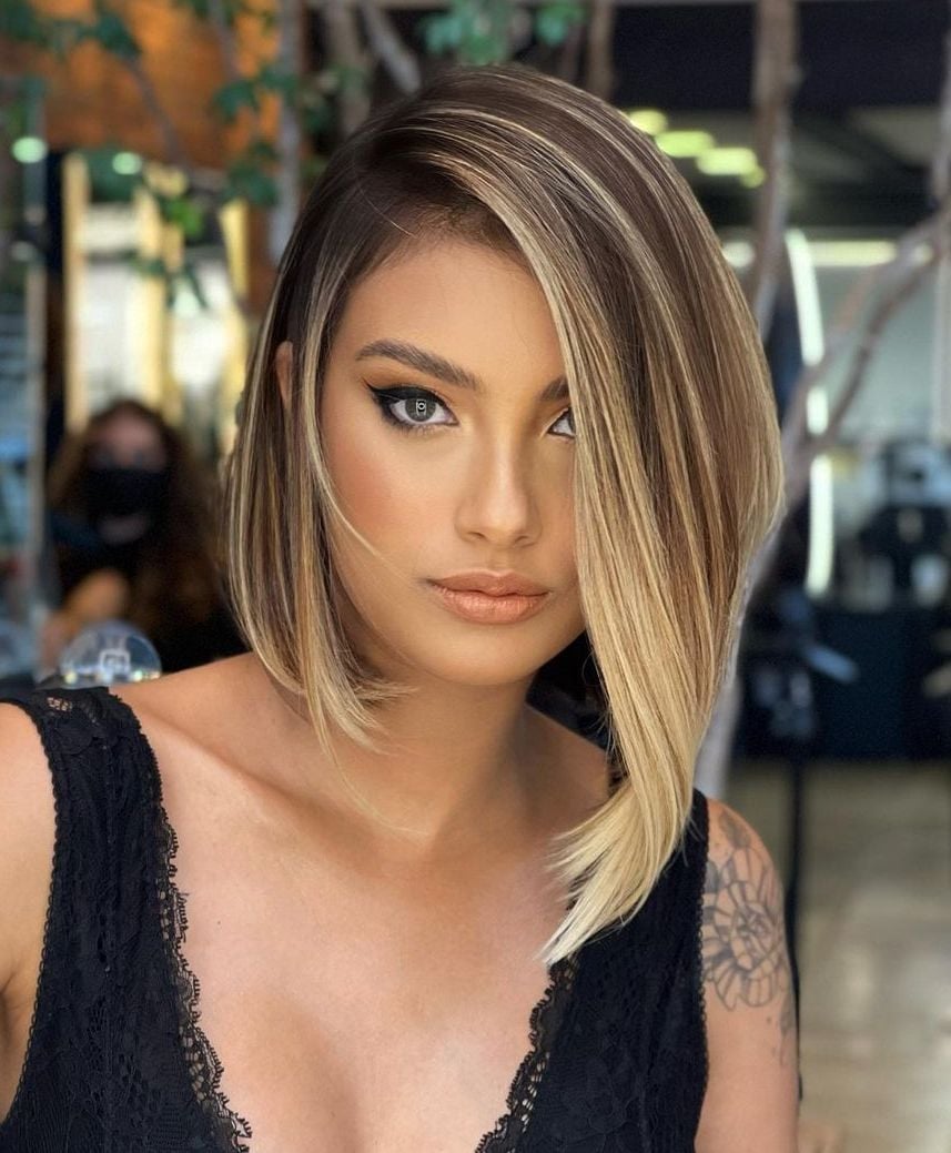 Asymmetrical Chin Bob With Side Swept Bangs — Classy Balayage Bob