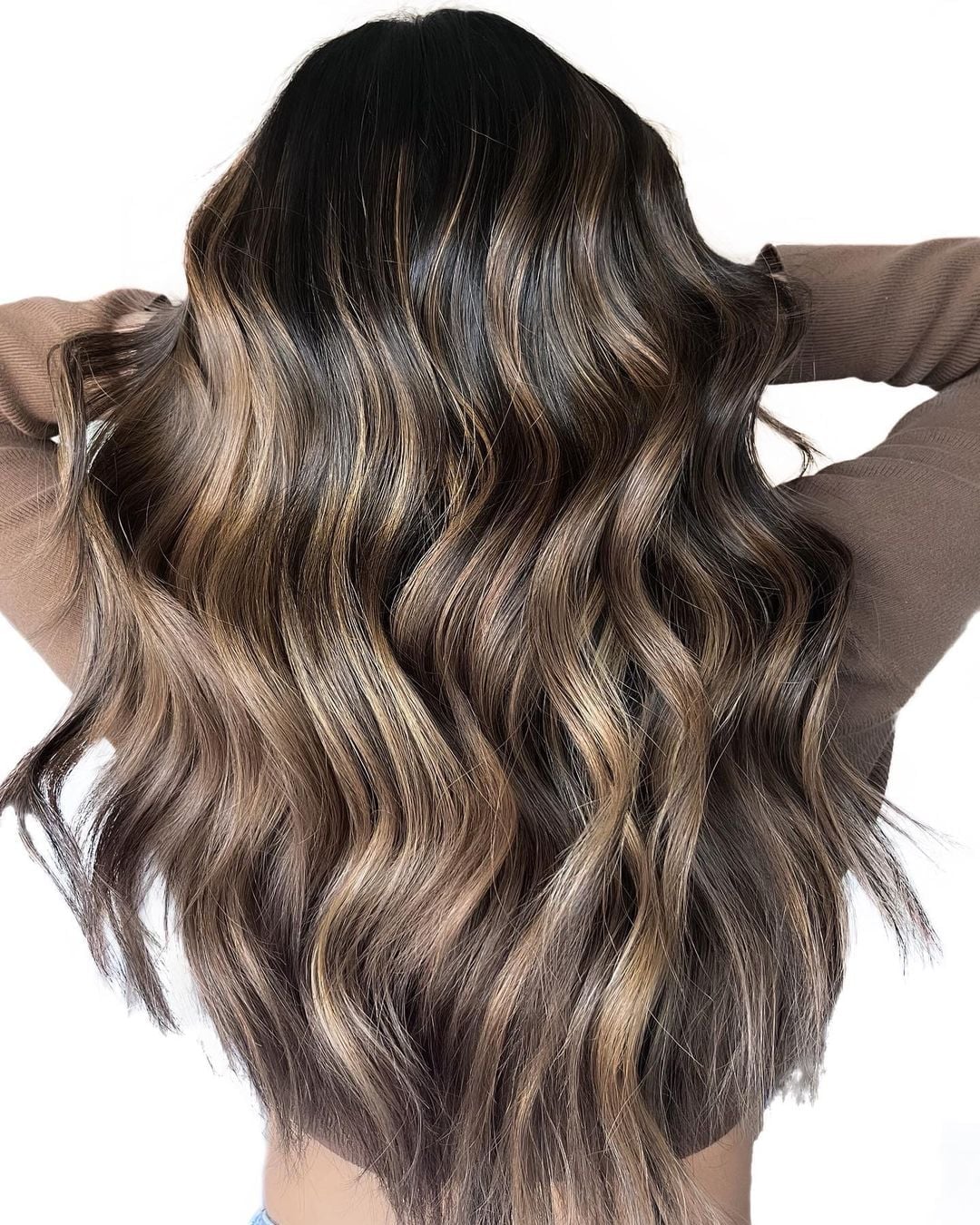 Dark Brown Mid-Back With Ash Blonde Caramel Balayage and Long Layers — Classy Balayage Highlights