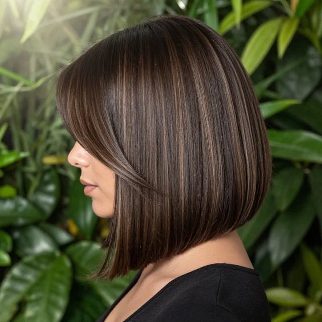 Chin Length Bob Dark Brown With Caramel Ash Blonde Highlights — Classy Balayage Highlights
