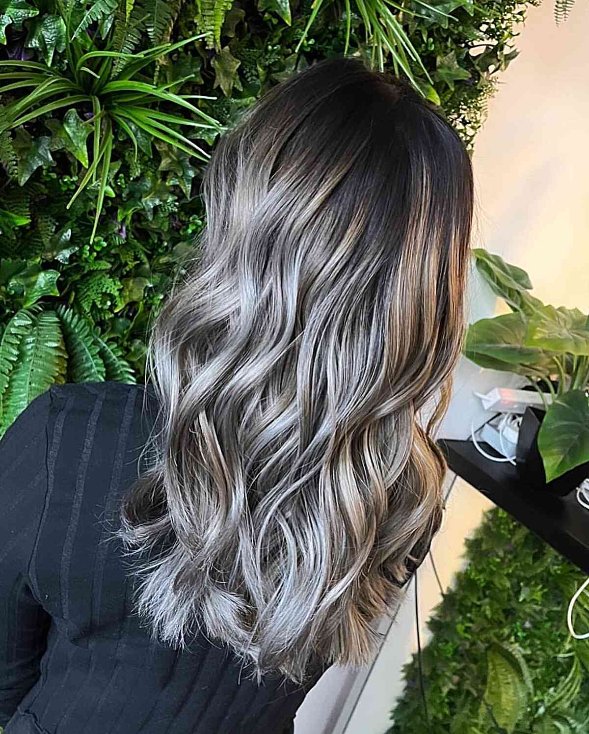 Mid-Back Dark Base With Gray Silver Balayage — Classy Balayage Highlights