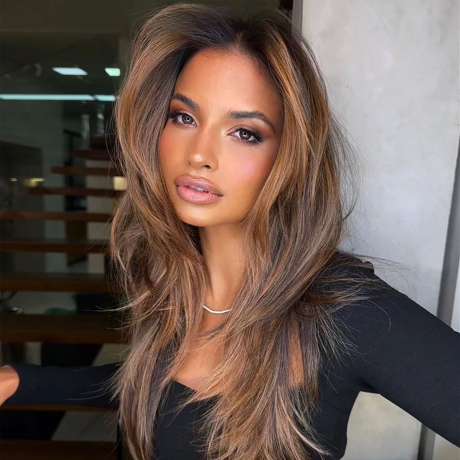 Mid-Back Dark Brown With Caramel Blonde Balayage And Curtain Bangs — Classy Balayage Highlights