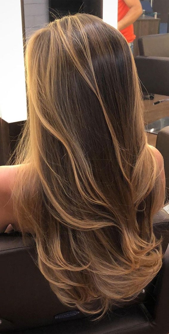 Medium Brown Mid-Back With Golden Blonde Balayage and Wavy And Thick — Classy Balayage Highlights